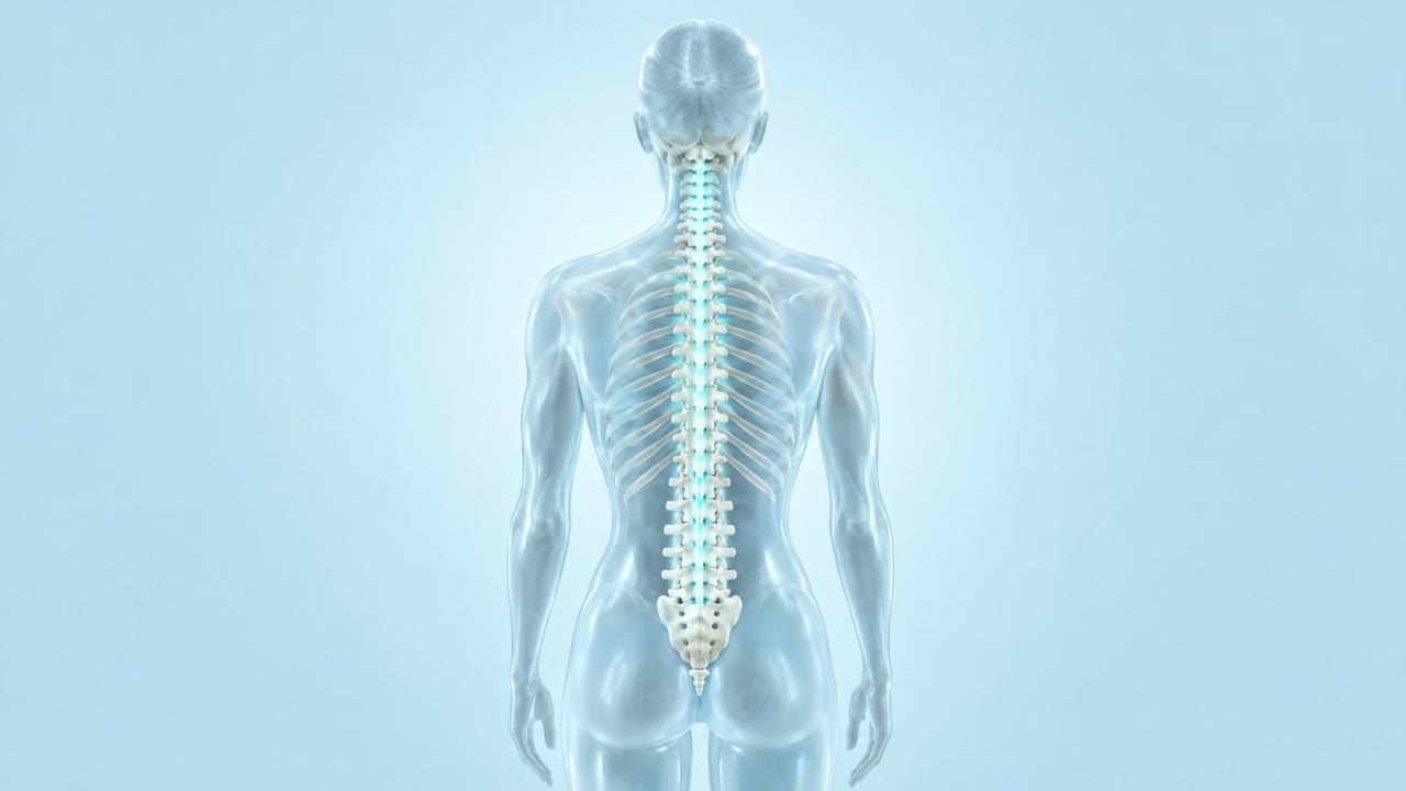 Ilustración de una figura humana de vidrio vista de espalda, con la columna vertebral iluminada desde la base del cráneo hasta el sacro.